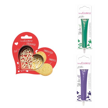 Kit pour biscuit en relief Coeur + 2 Stylos au chocolat vert et violet