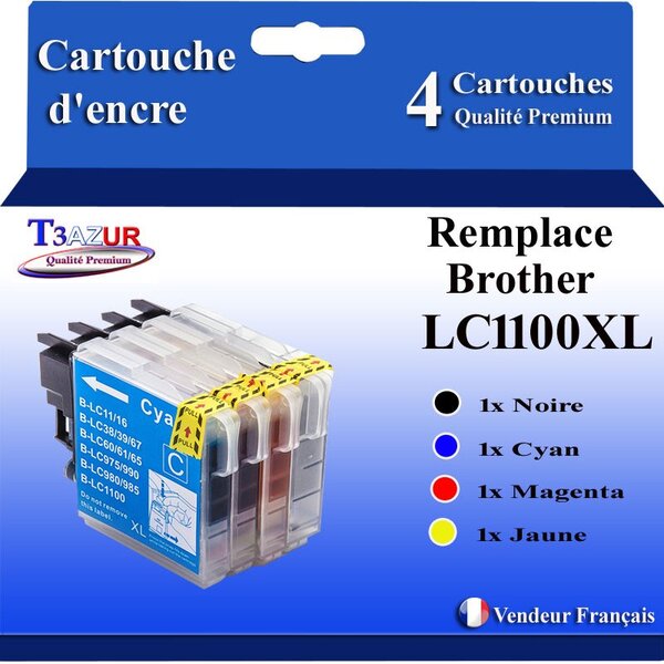 T3AZUR- Lot de 4 Cartouches compatibles avec Brother LC1100 XL pour Brother MFC695CDN  MFC695CDWN  MFC735CD  MFC735CDW  MFC790CW