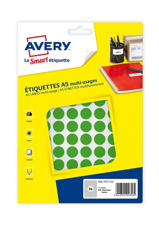 Sachet de 960 pastilles Ø15 mm. Imprimables. Coloris vert AVERY