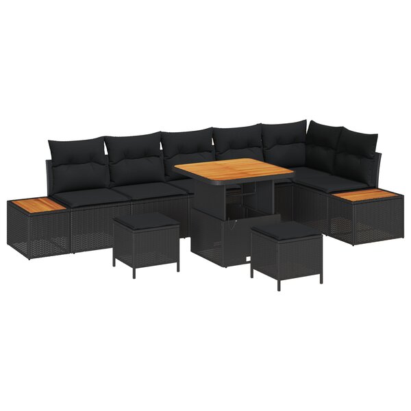 Ensemble de Canapé de Jardin 9 pièces avec Coussins Noir Poly Rattan Acacia