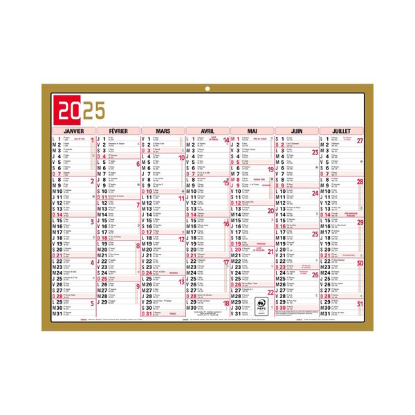 Calendrier Mural 2025 13 Mois - 22 x 29.5 cm - Rouge Noir Or