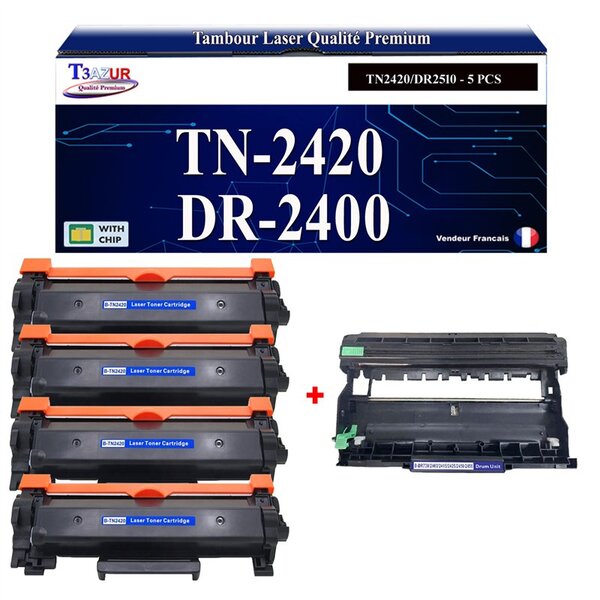 T3AZUR - Kit Tambour+ 4 Toners compatibles avec Brother TN2420 DR2400 pour Brother DCP-L2510D  DCP-L2512D  DCP-L2530DW  DCP-L2537DW  DCP-L2550DN - 3 000 pages