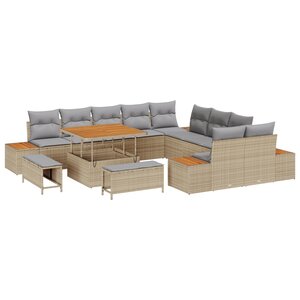 vidaXL Canapé de jardin 13 pièces avec coussins beiges en poly rotin et acacia.