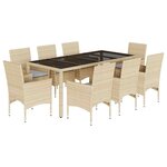vidaXL Ensemble à manger de jardin et coussins 9 Pièces beige rotin verre