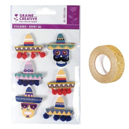 6 stickers 3D Chapeaux mexicains Sombreros 5 5 cm + masking tape doré à paillettes 5 m