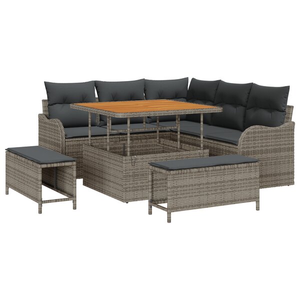 Canapé de Jardin 8 Pièces avec Coussins Gris Polyrattan Acacia