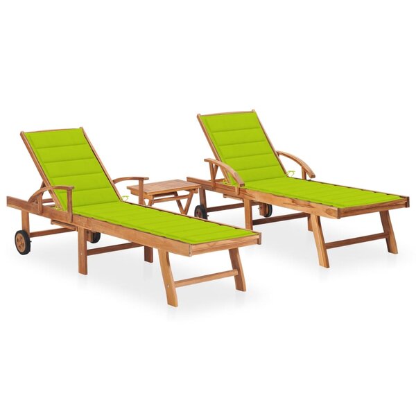 vidaXL Chaises longues lot de 2 avec table et coussin Bois teck solide