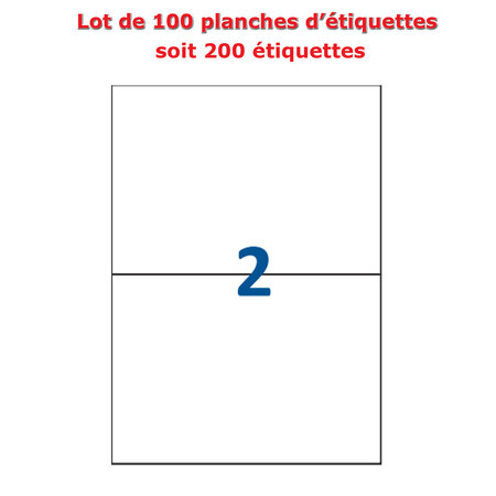 Lot de 100 Planches étiquettes autocollantes blanches sur feuille A4 : 210 x 148 5 mm (2 étiquettes)
