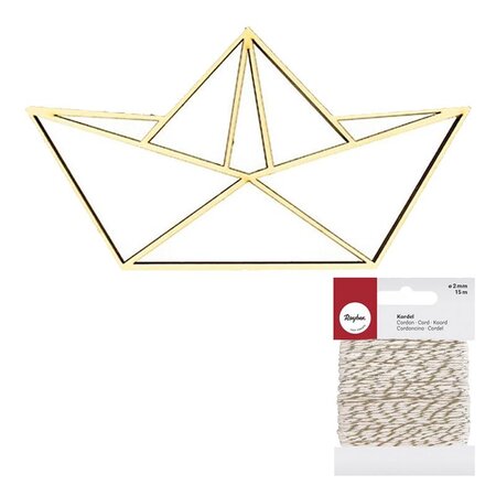 Silhouette bois Bateau origami + Ficelle dorée & blanche 15 m
