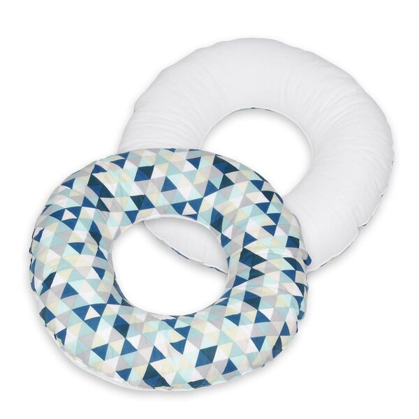 Coussin rond post natal triangles bleus   blanc