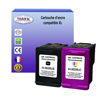 T3azur - 1+1 cartouches d'encre compatibles remplace hp 302 302xl noir+couleur pour hp deskjet 3631  3632  3633  3634