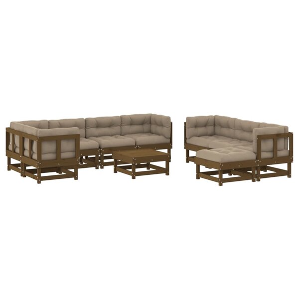 vidaXL Salon de jardin 10 Pièces avec coussins marron miel bois massif