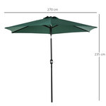 Parasol inclinable de jardin balcon terrasse manivelle toile polyester imperméabilisée haute densité 180 g/m² Ø2 7 x 2 35H m alu vert