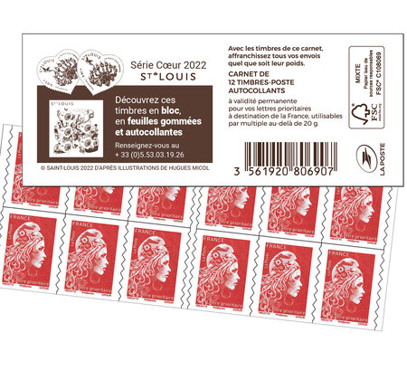 Carnet 12 timbres Marianne l'engagée - Lettre Prioritaire - Couverture Série Coeur 2022 St Louis
