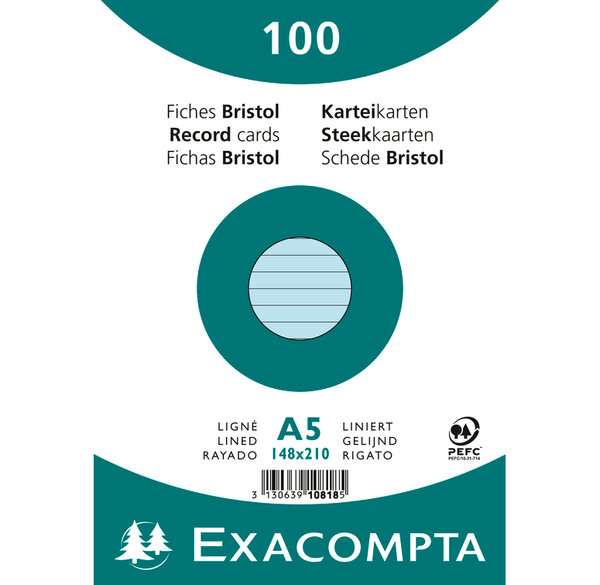 Paquet de 100 Fiches Bristol A5 bleu ligné. s/s film EXACOMPTA