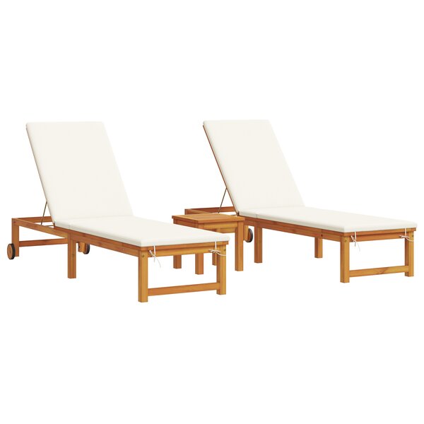 Chaises longues vidaXL 2 Pièces avec table et coussins en bois massif d'acacia