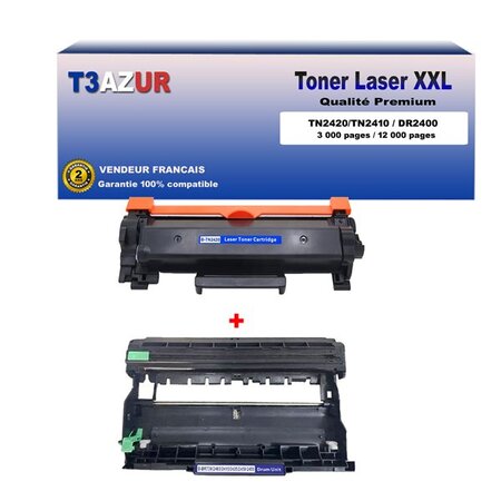 Kit Tambour+Toner compatibles avec Brother TN2420  DR2400 pour Brother MFC-L2730DW  L2732DW  L2735DW  L2750DW - 3 000 pages - T3AZUR