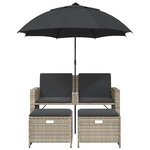 vidaXL Canapé de jardin 2 places et parasol tabourets gris clair rotin