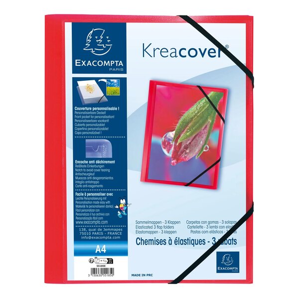Chemise À Élastiques 3 Rabats Polypropylène Translucide Krea Cover - A4 - Rouge - X 25 - Exacompta