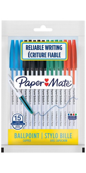 Paper mate 045 - 15 stylos bille avec capuchon - noir  bleu  rouge  vert - pointe moyenne 1.0mm - en sachet