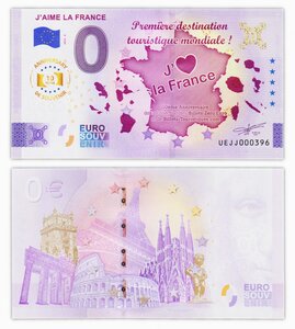 Billet de Collection 0 euro souvenir J'aime la France - 2025 8 - France - Neuf - version corrigée Gold