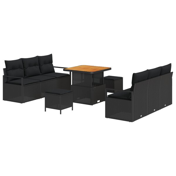 Ensemble de canapé de jardin 9 pièces vidaXL avec coussins en rattan poly noir acacia