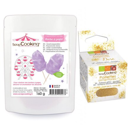 Sucre pour barbe à papa 160 g Violet + paillettes dorées