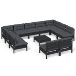 vidaXL Salon de jardin 12 Pièces avec coussins Noir Bois de pin solide