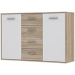 Buffet bas - Blanc et chene sonoma - Classique - 2 portes 4 tiroirs - PILVI - L 122,6 x P 34,2 H 88,1 cm