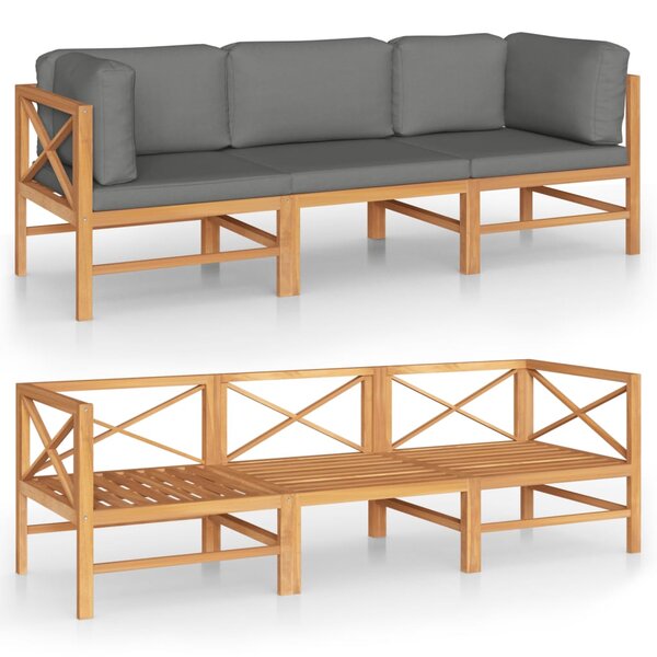 vidaXL Canapé de jardin 3 places et coussins gris Bois de teck massif