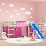 vidaXL Lit mezzanine enfants et rideaux rose 80x200cm bois pin massif
