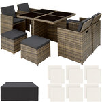 Tectake Salon de jardin MANHATTAN 8 places avec 2 sets de housses + housse de protection, variante 2 - marron naturel