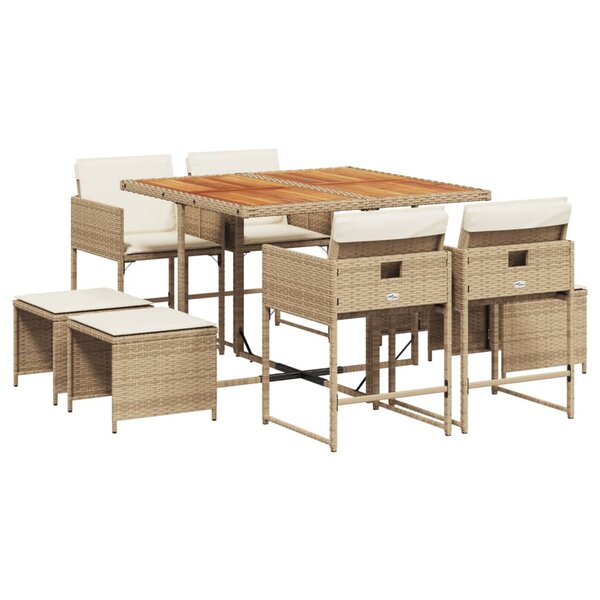 vidaXL Ensemble à manger de jardin et coussins 9 Pièces beige Poly rotin
