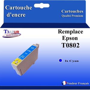T3AZUR- Cartouche Compatible pour Epson T0802 (C13T08024010) Cyan