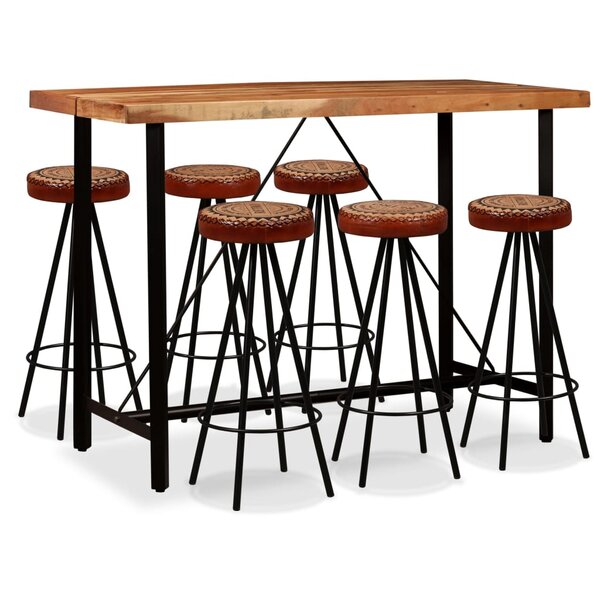 vidaXL Ensemble de bar 7 Pièces Bois d'acacia Cuir véritable et toile