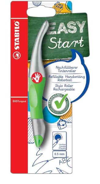 Stylo roller EASYStart rechargeable Metallic DROITIER Vert Néon Trait 0,5 Bleu effaçable STABILO