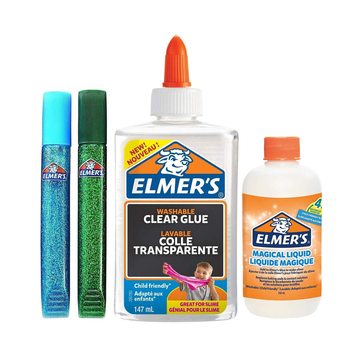 Elmer's mini kit fabrication slime 1 flacon colle transparente 2 stylos  colle bleu et vert pailletés 1 flacon de liquide magique - La Poste