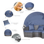 Lit canapé de jardin modulable grand confort pare-soleil pliable 5 coussins 3 oreillers 180L x 175l x 147H cm résine tressée grise polyester bleu