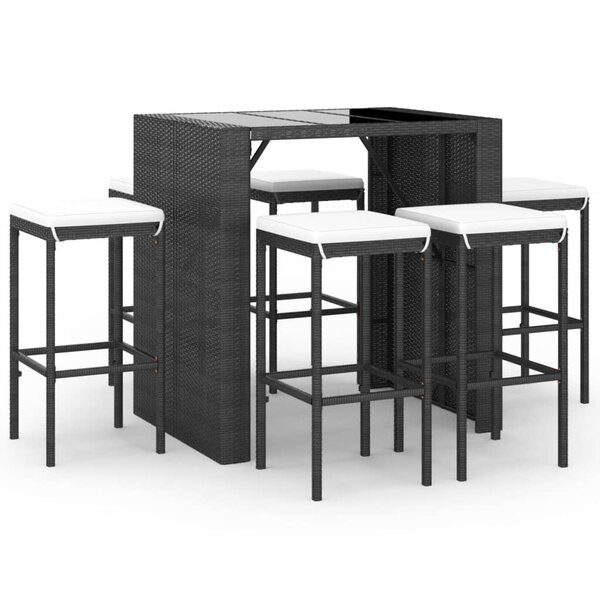 vidaXL Ensemble de bar de jardin 7 Pièces avec coussins noir poly rotin