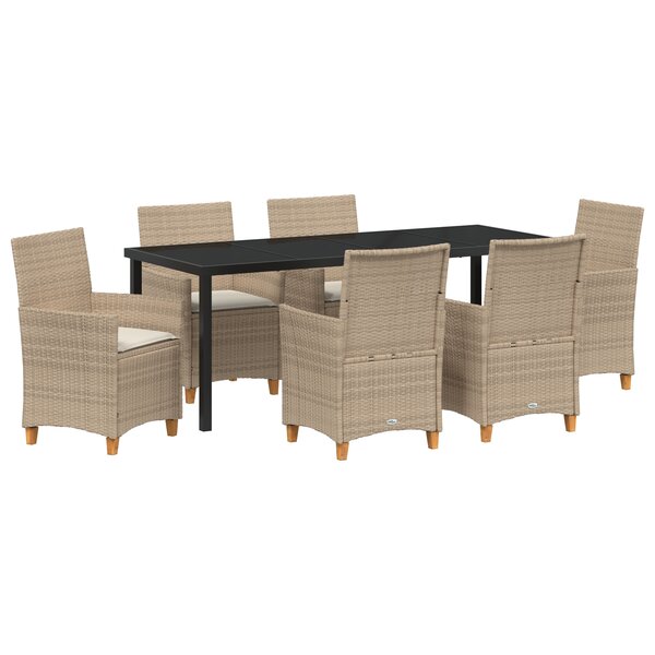 vidaXL Set de 7 pièces pour dîner dans le jardin avec coussins  en rattan poly beige.