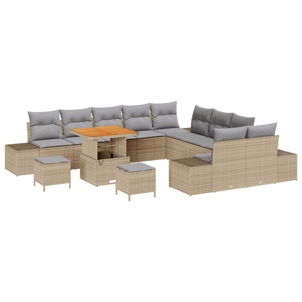 Ensemble de jardin 13 pièces avec coussins beige en poly rattan