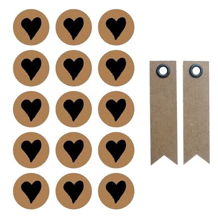 60 stickers ronds Ø 2 6 cm avec coeur noir + 20 étiquettes kraft Fanion