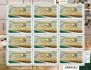 Feuille de 12 timbres - Première liaison aéropostale Casablanca-Dakar 1925 - Lettre Internationale