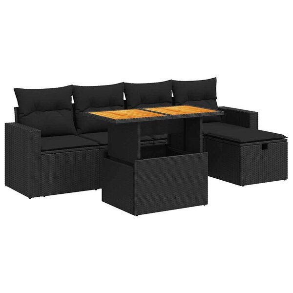 vidaXL Salon de jardin 6 Pièces avec coussins noir résine tressée acacia