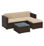 Salon de jardin extérieur ensemble de mobilier surface tressée en pe tissé à la main canapé d’angle avec coussins dessus de table en verre marron et taupe 12_0001661