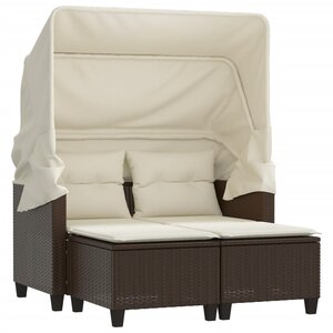 vidaXL Canapé de jardin 2 places avec auvent et tabourets marron rotin