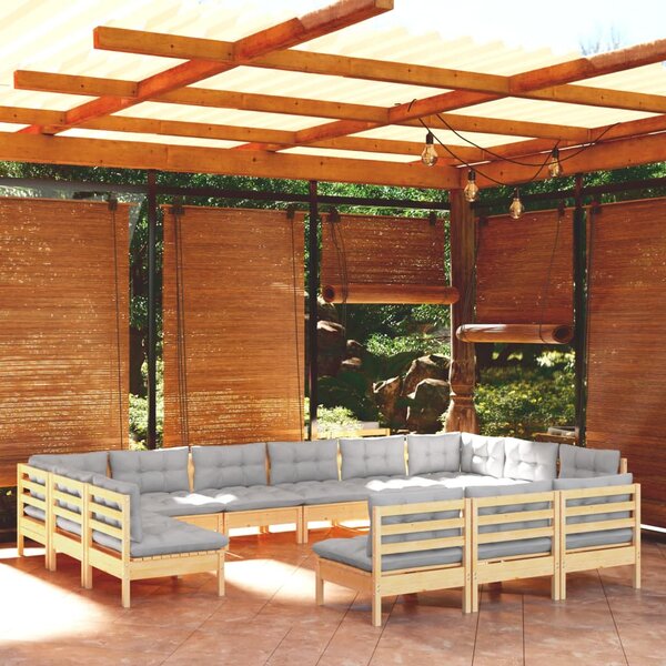 vidaXL Salon de jardin 13 Pièces avec coussins gris Bois de pin solide