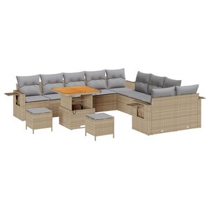 Ensemble de Canapés de Jardin 13 Pièces avec Coussins Beige Poly Rattan Acacia