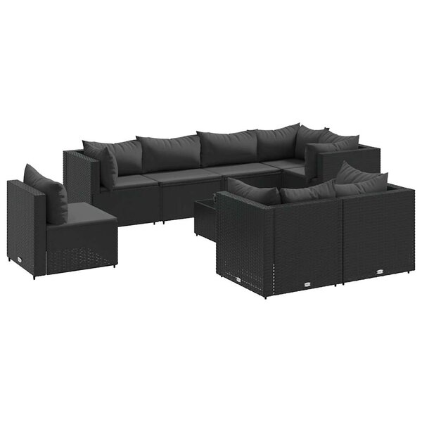 vidaXL Salon de jardin 9 Pièces avec coussins Noir Résine tressée