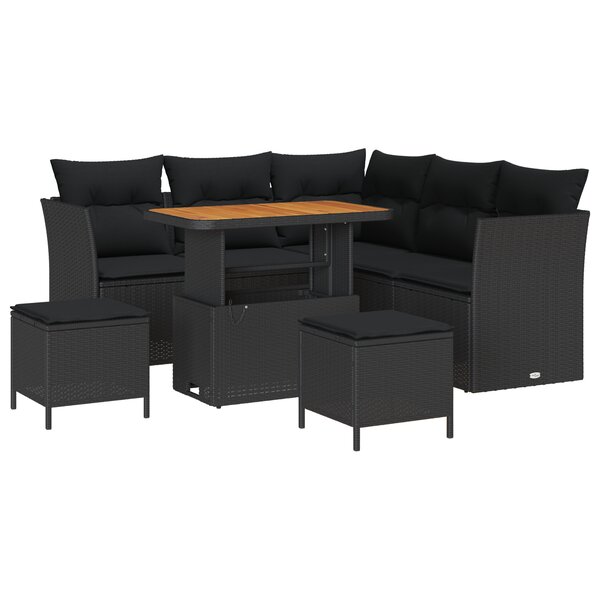Ensemble de canapés de jardin 8 pièces avec coussins en poly rattan noir et acacia